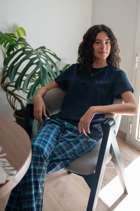 Women summer pajama set Navy Tee + Navy X Petroleum Plaid Pants